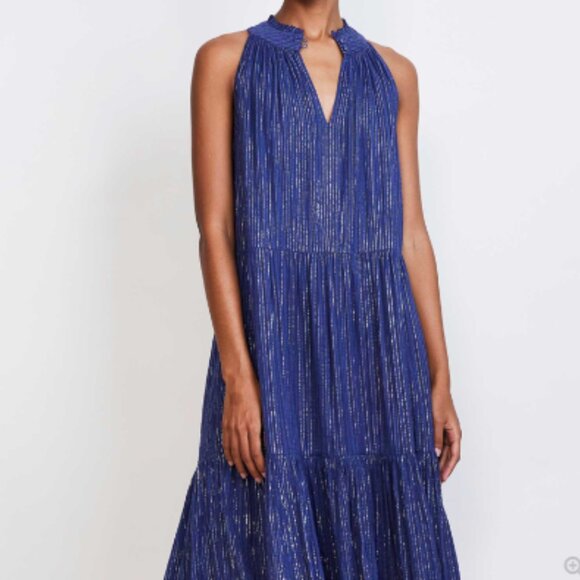New Apiece Apart Nissi Blue Metallic Tiered Maxi Halter Dress Small - Picture 2 of 16